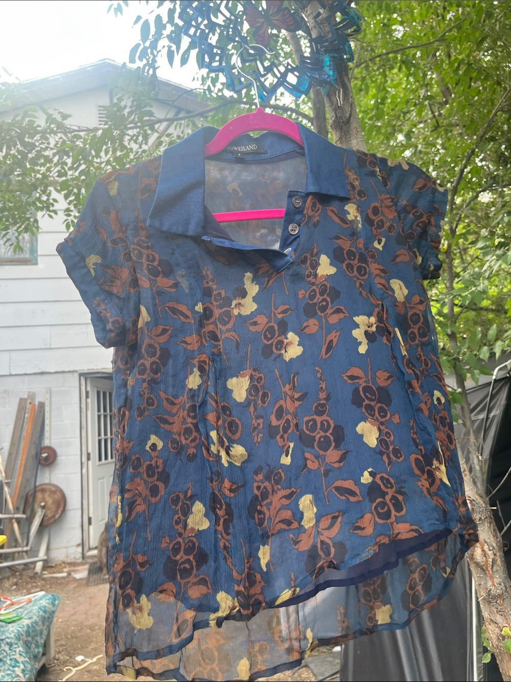 Timo Weiland Navy Floral Short Sleeve Sheer Blouse with Brown and Yellow Print